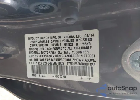 2014 Honda Civic Lx z USA, uszkodzony, nr VIN 19XFB2F54EE031902